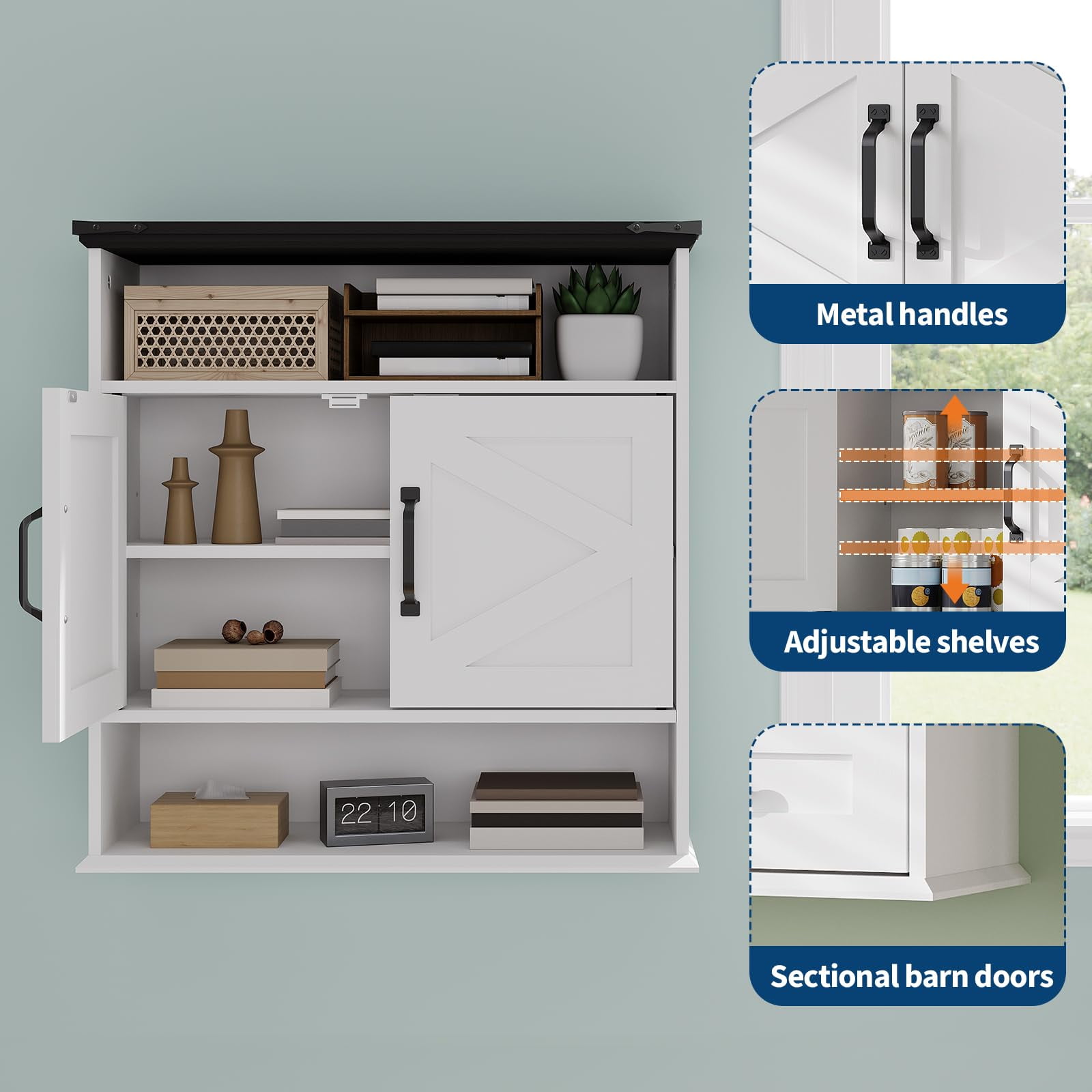 25" Wide Wall-Mounted Bathroom Cabinet with Barn Doors, Over-Toilet Storage with Adjustable Shelf & Drawer, Hanging Cabinet for Bathroom, Kitchen, Laundry, or Entryway