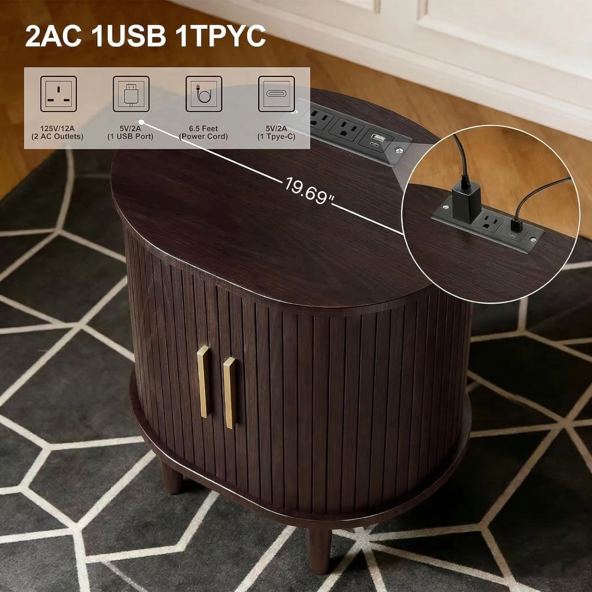 Aisword Nightstand with Charging Station, Fluted Accent Side Table with Sliding Door and Adjustable Shelf, End Table for Small Space, Brown