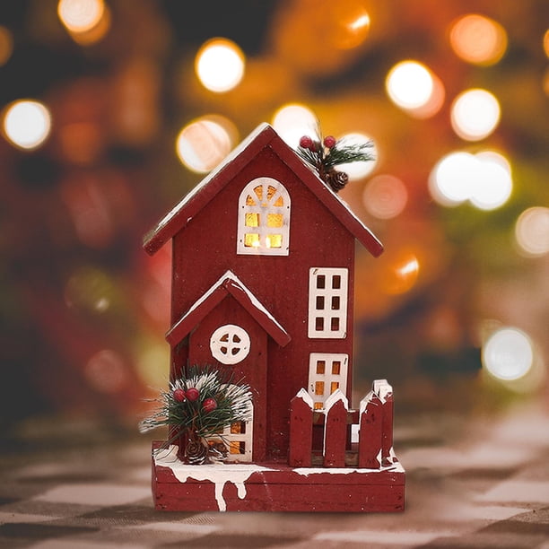 Decoración Navideña Casita De Madera Con Luces LED - Incluye árboles, Muñeco De Nieve, Para Centro De Mesa