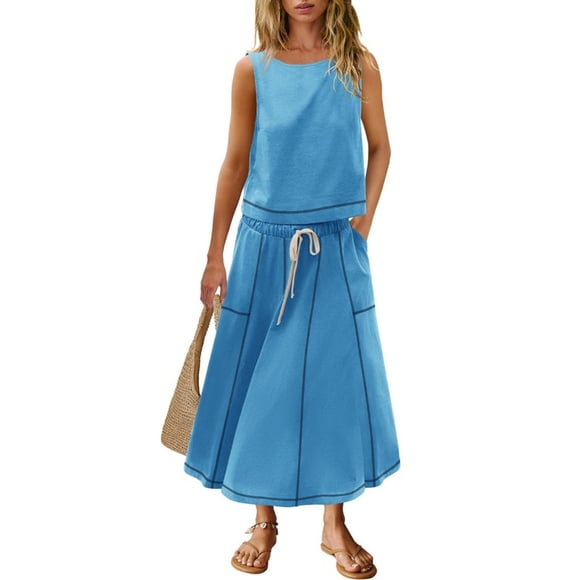 Women's Spring Summer Casual Outfits, Sleeveless Tank Top and Skirt Two Piece Set, Solid Color Co Ord Sets for Daily Wear, Comfortable Matching Vacation Outfits for Women