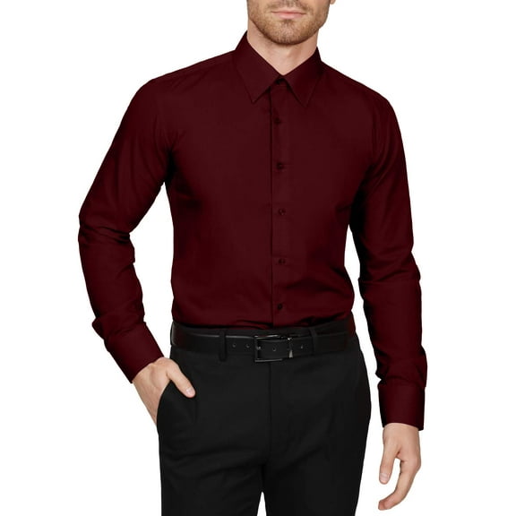 J. METHOD Men's Dress Shirt – Classic Long Sleeve Slim Fit Button Down Solid Color Top S-5XL NEMT104 Burgundy 1X 34/35