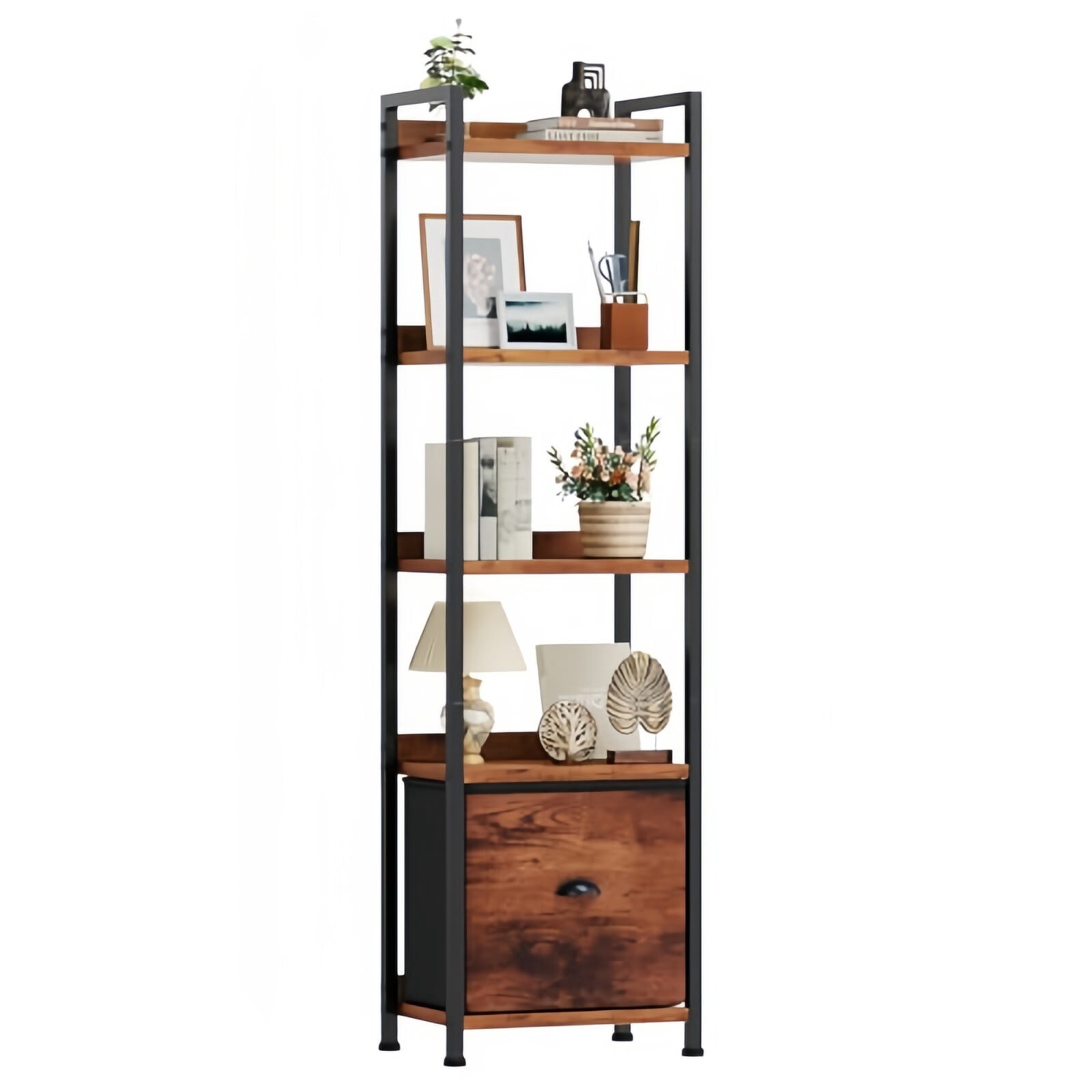 Kelno 5 Tier Bookshelf 55"x15" Bookcase with Fabric Drawer Open Storage Shelves Free Standing Wooden Display Rack,Rustic Brown