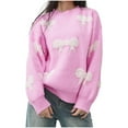 thumbnail image 2 of EchfiProm Winter Women Sweaters Pink Pullover Loose Solid Bow Long Sleeve Crew Neck Knit Sweater Top Free Size, 2 of 4
