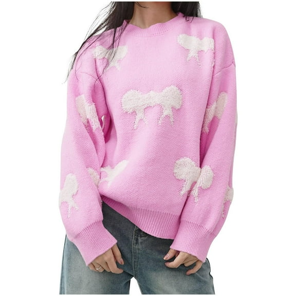 Women Cute Bow Knit Sweater Y2k Long Sleeve Crew Neck Knitted Pullover Top Oversized Going Out Fall Winter Knitwear
