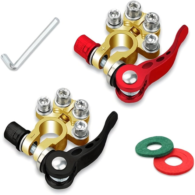HLONK 2pcs SAE/JIS Type 4-Way Quick Release Battery Terminals Copper 2-Piece Positive and Negative Connectors for Automotive Applications