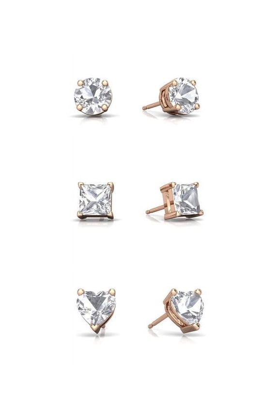 18k Rose Gold Plated Moissanite 3 Pair Round, Square And Heart Stud Earrings 4mm