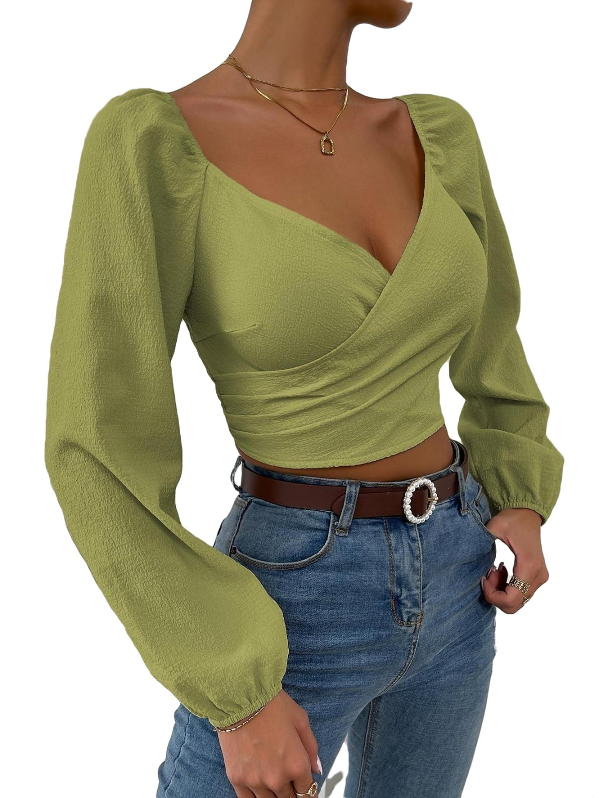 Womens Blouse Tops Lantern Sleeve Shirred Back Surplice Front Top 