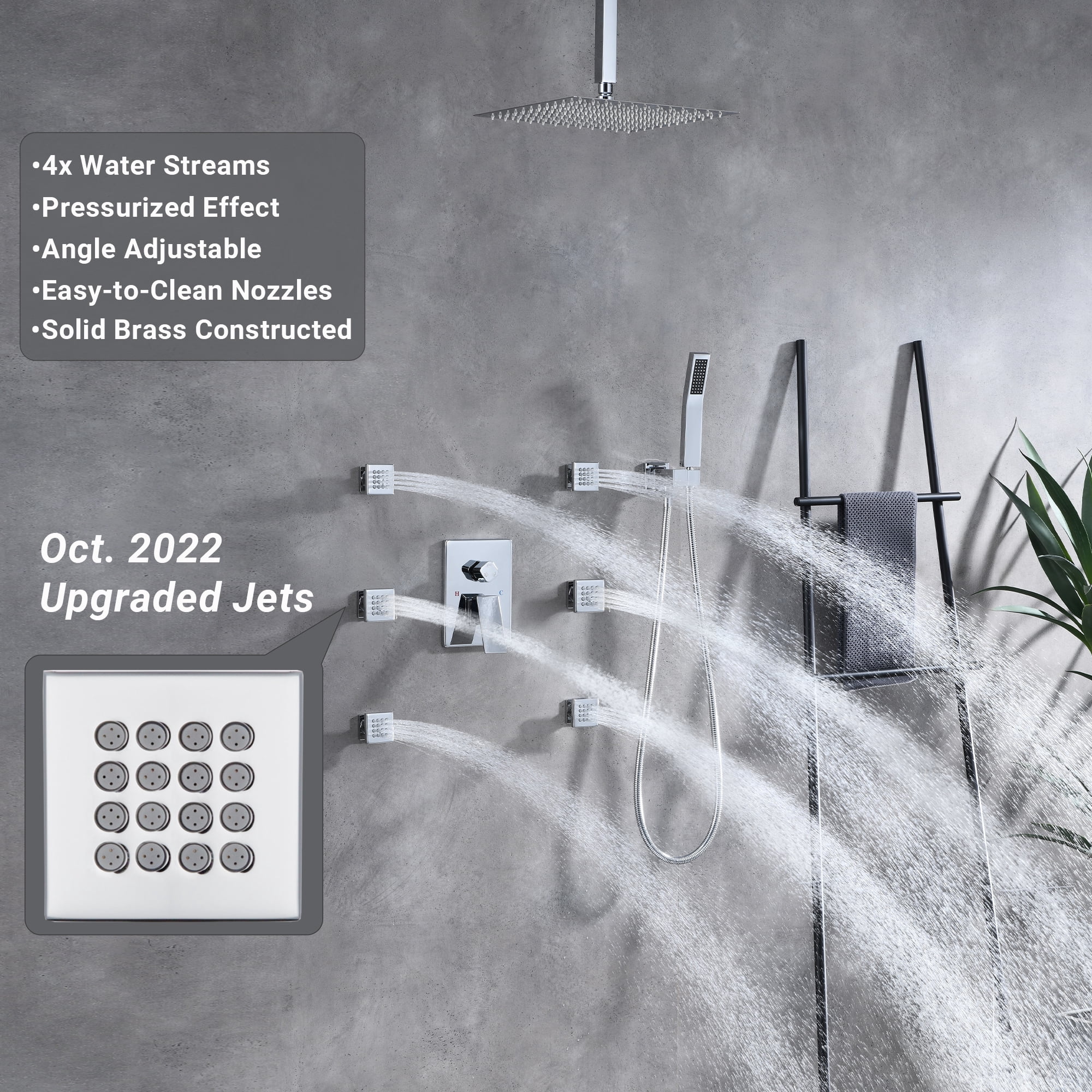 Full Body Shower System with Body Shower Spray Jets, 12'' Ceiling Shower Head System with Jets & Hand Shower, Polished Chrome Rain Shower System Faucet Set with Jets & Valve