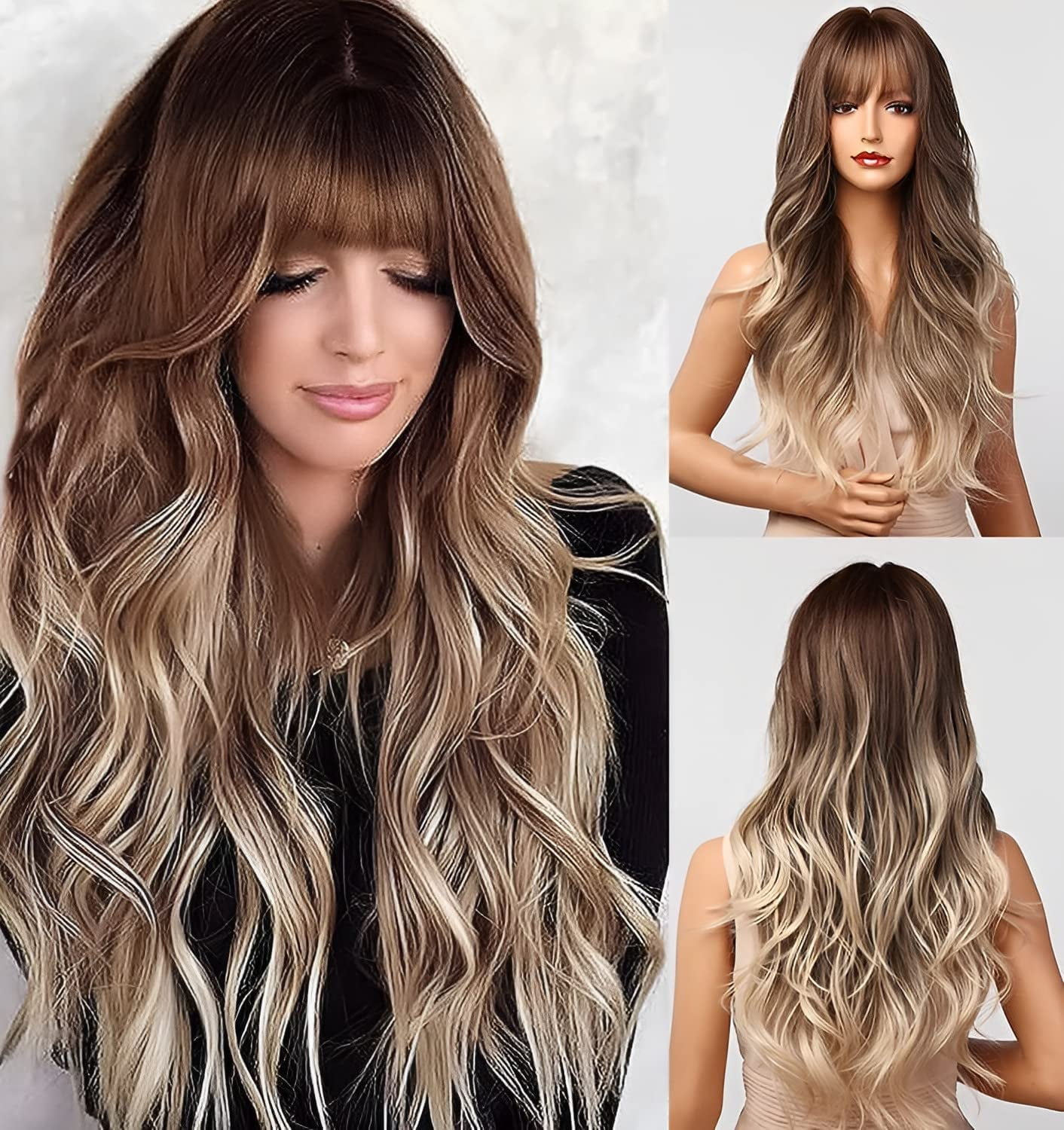 Women's Wigs Long Wavy Ombre Brown to Blonde Wigs with Bangs Ash Blonde Hair  Wigs with Bangs Synthetic Wigs Cosplay Hair Wigs for Women 