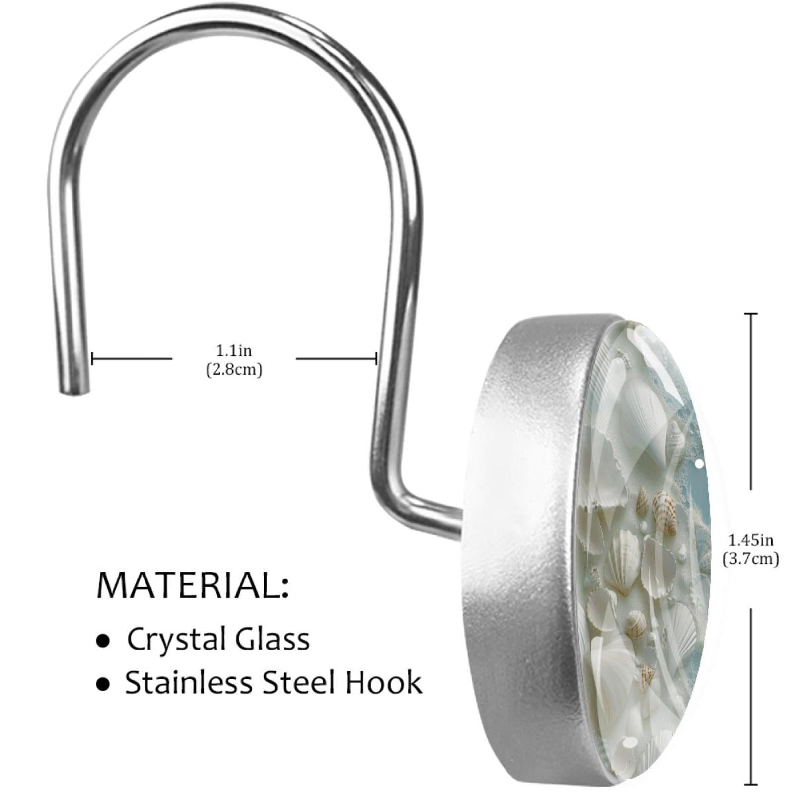 White Sea Shells Shower Curtain Hooks Round Crystal Glass, Set of 12 Shower Curtain Rings - Shower Hooks for Curtain Shower Rings