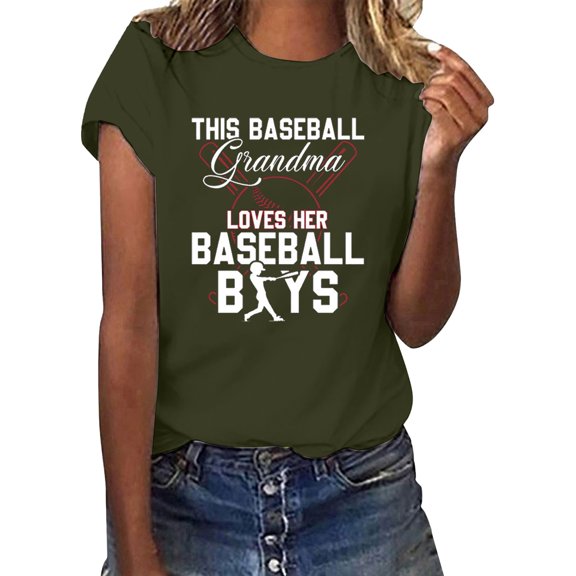 Ukumplol Graphic Tees for Women Short Sleeve Shirts for Women Women's Baseball Printed Round Neck Short Sleeve Top T Shirt Womens Summer Tops Army Green L