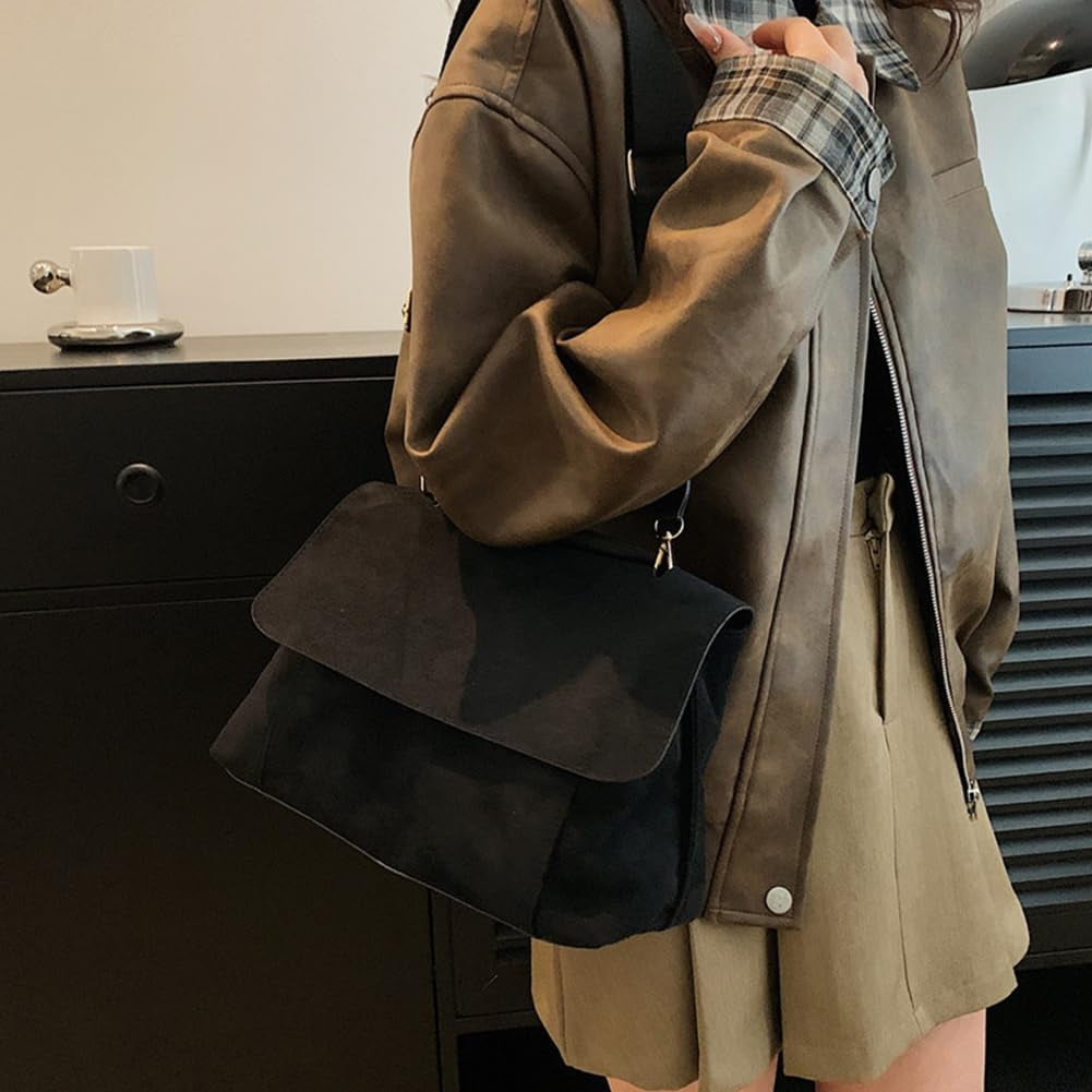 HLSOHJP Suede Tote Bag Retro Work Bag Suede Shoulder Bag Crossbody Purse for Women Office Tote Handbag