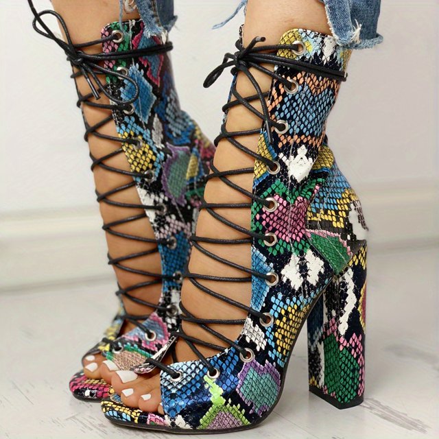 Mujeres Sandalias Botas Impresas De Piel De Serpiente, Correas Cruzadas Con Cordones, Zapatos De Leggings De Punta Abierta, Zapatos De Tacón Grueso Para Mujeres
