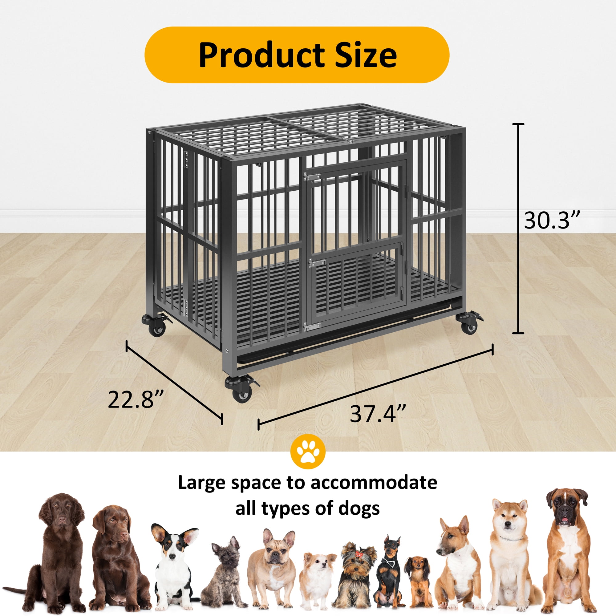 Betisef Heavy Duty Dog Crate, Folding Dog Kennel No Assembly with Lockable Wheels, Double Door Indoor/Outdoor