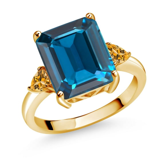 Gem Stone King 7.78 Ct London Blue Topaz Yellow Citrine 18K Yellow Gold Plated Silver 3-Stone Women Engagement Ring (Size 9)