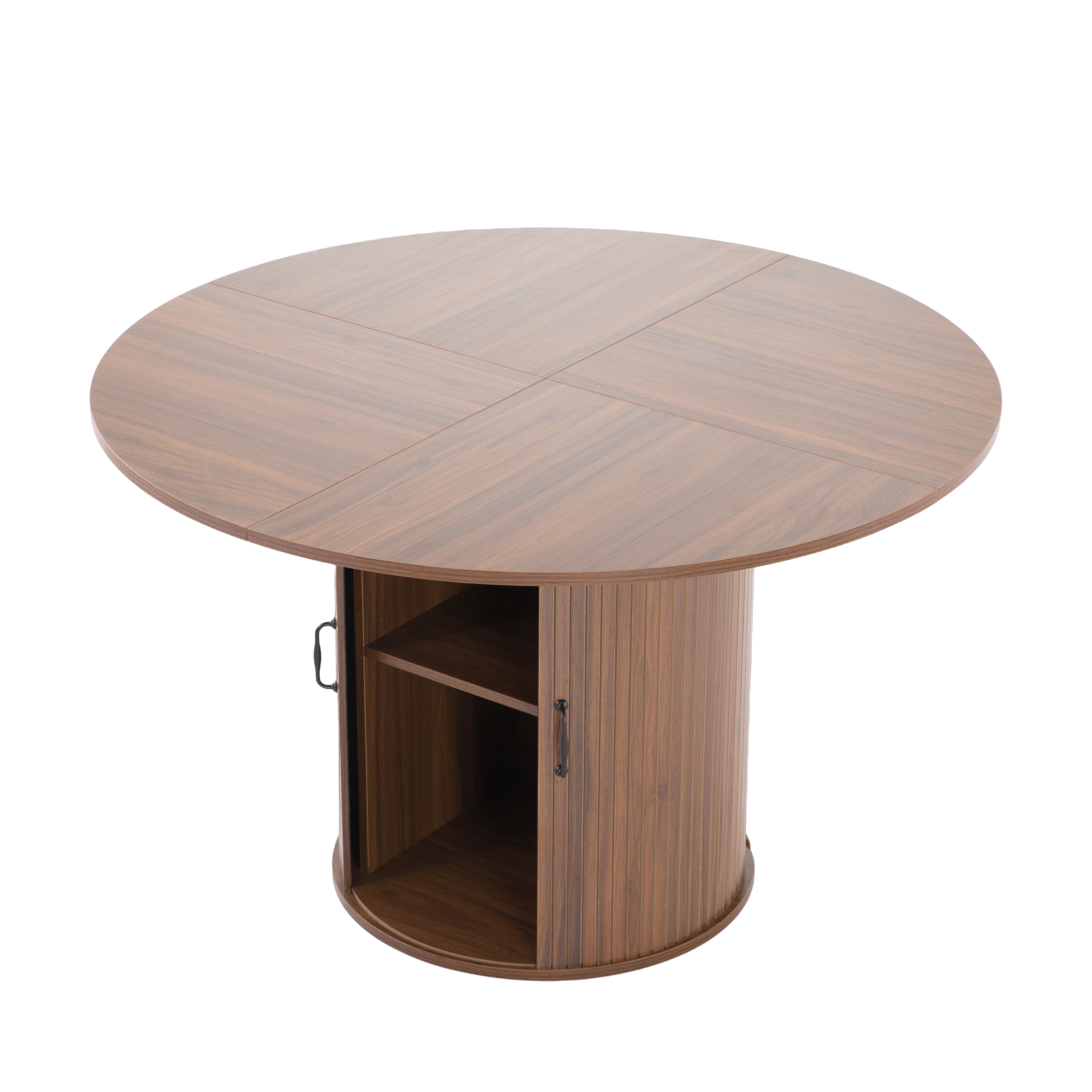 BSHTI 47.32" Round Dining Table with Storage Shelf, MDF with Walnut Grain, 2-Tier Dust-Proof Cabinet, Seats 4, Easy Assembly
