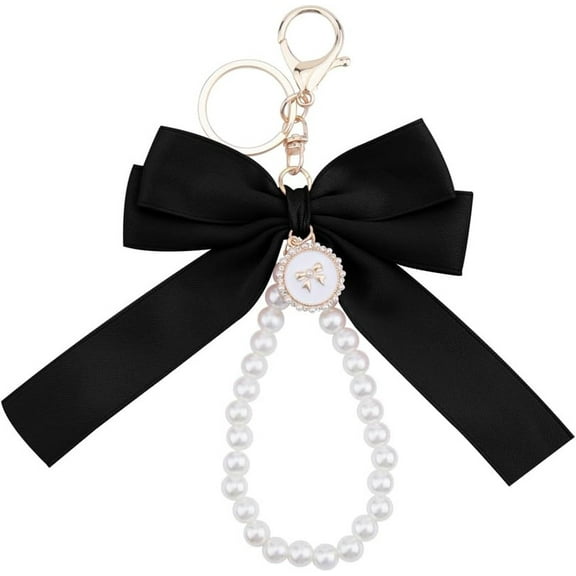 Black Pearl Chain Bow Keychain For Women Girls White Pearl Keychain Wristlet For Purse Backpack