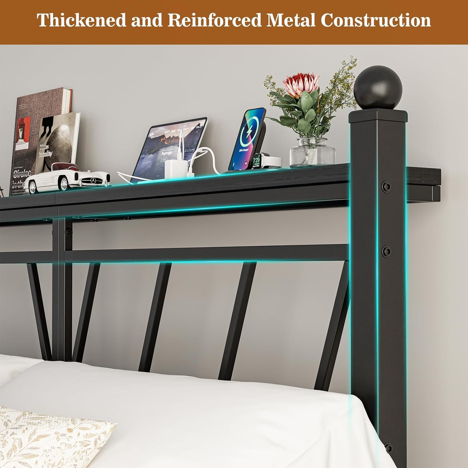 ARICOEASY Metal King Size Storage Headboard with LED Lights, Modern King Head Board with Outlets, USB & Type C Port, Farmhouse Vintage Style, Easy Assembly, Black
