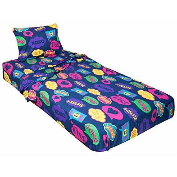 Gilbins Jersey Knit 3 Piece Cot Size Camp Sheet Set (Cot Size 30"X75", Denim Bubble Text)