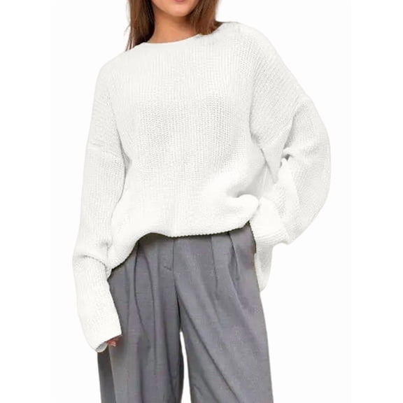 Women's Solid Color Round Neck Loose Knitted Pullover Sweater for Fall Winter Outfits White XL