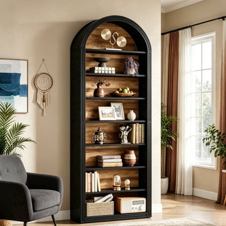 Fnova 78" Bookshelf, Farmhouse Tall 8-Tier Arched Bookcase, Wood Display Shelf Book Shelf Organizer for Living Room, Bedroom, Entryway