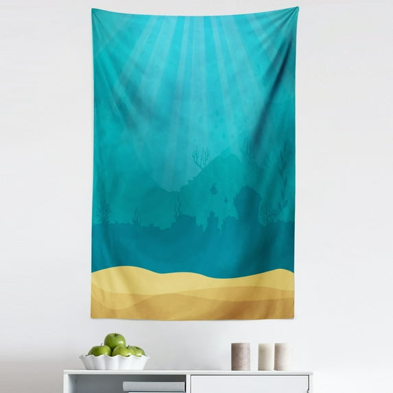 Underwater Ocean Tapestry, Silhouette of Sea Weed and Fishes Reef Plant Cartoon Illustration, Fabric Wall Hanging Decor for Bedroom Living Room Dorm, 5 Sizes, Teal and Sand Brown, by Ambesonne