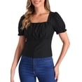 thumbnail image 1 of Camisetas casuales de verano para mujer con cuello cuadrado y volantes de manga corta XL negras, 1 of 6