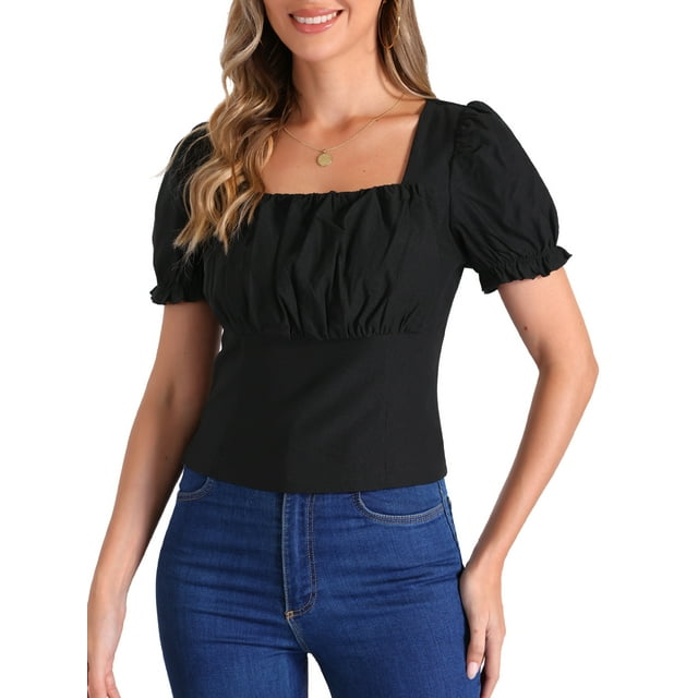 Camisetas casuales de verano para mujer con cuello cuadrado y volantes de manga corta XL negras