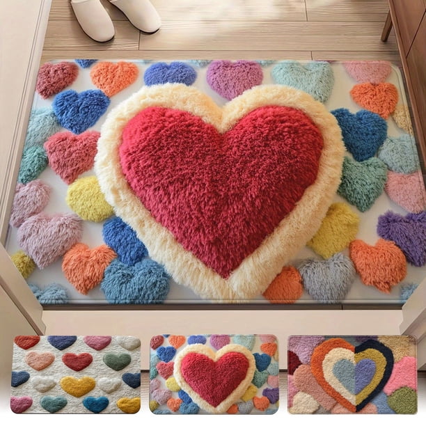 Felpudo de bienvenida para San Valentín – Alfombra con patrón de corazón rojo y rosa, poliéster antideslizante, 16x24 pulgadas, entrada interior exterior, decoración para el porche delantero