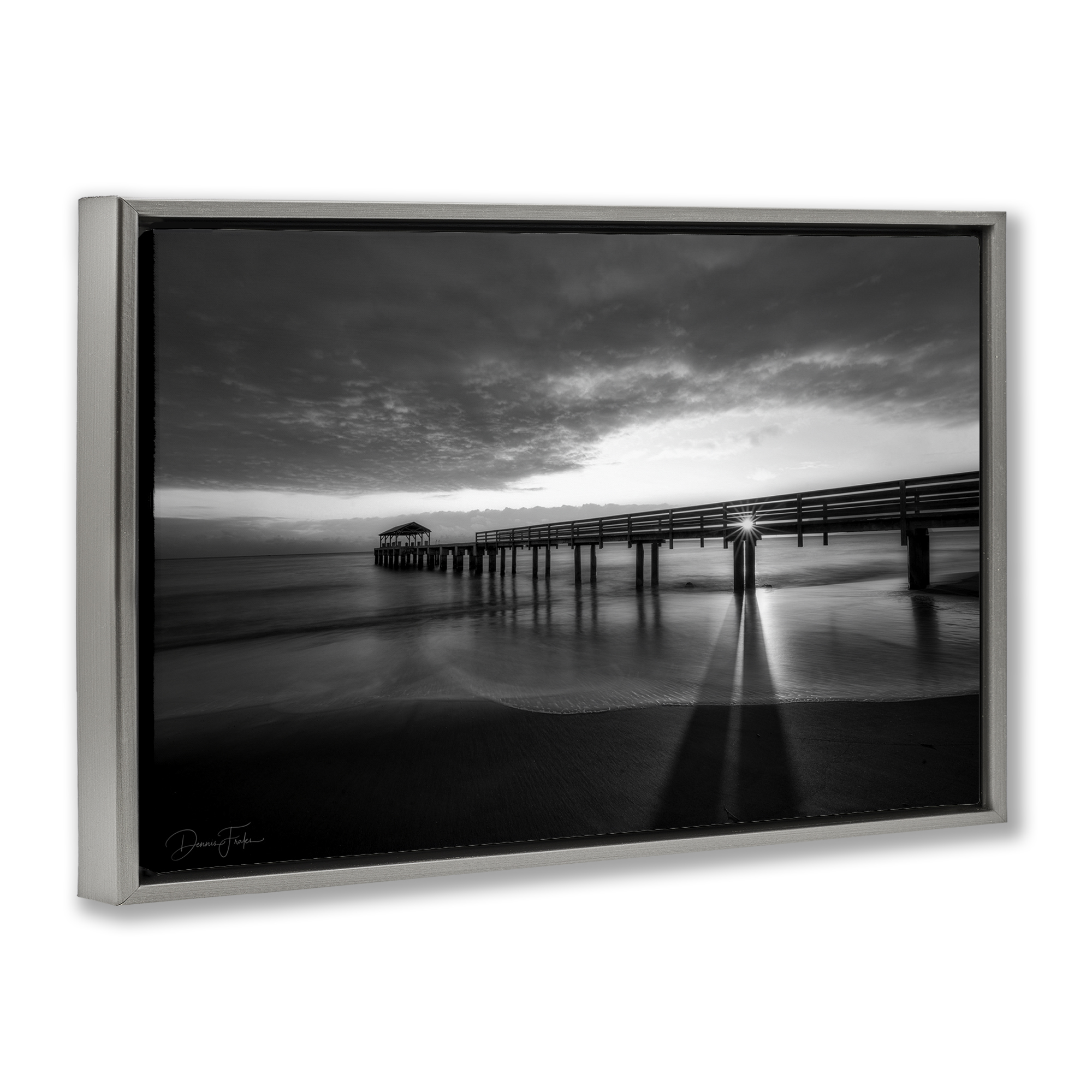 Stupell Industries Sun Shining Through Dock Landscape Photography Gray Floater Framed Canvas Art Print Wall Art, 25 x 17