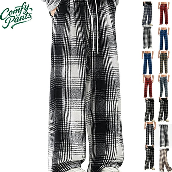Gamivast Lounge Pants Men Baggy Straight Wide Leg Sweatpants with Pockets Comfortable Casual Elastic High Waist Trouser Outdoor Drawstring Plaid Pants