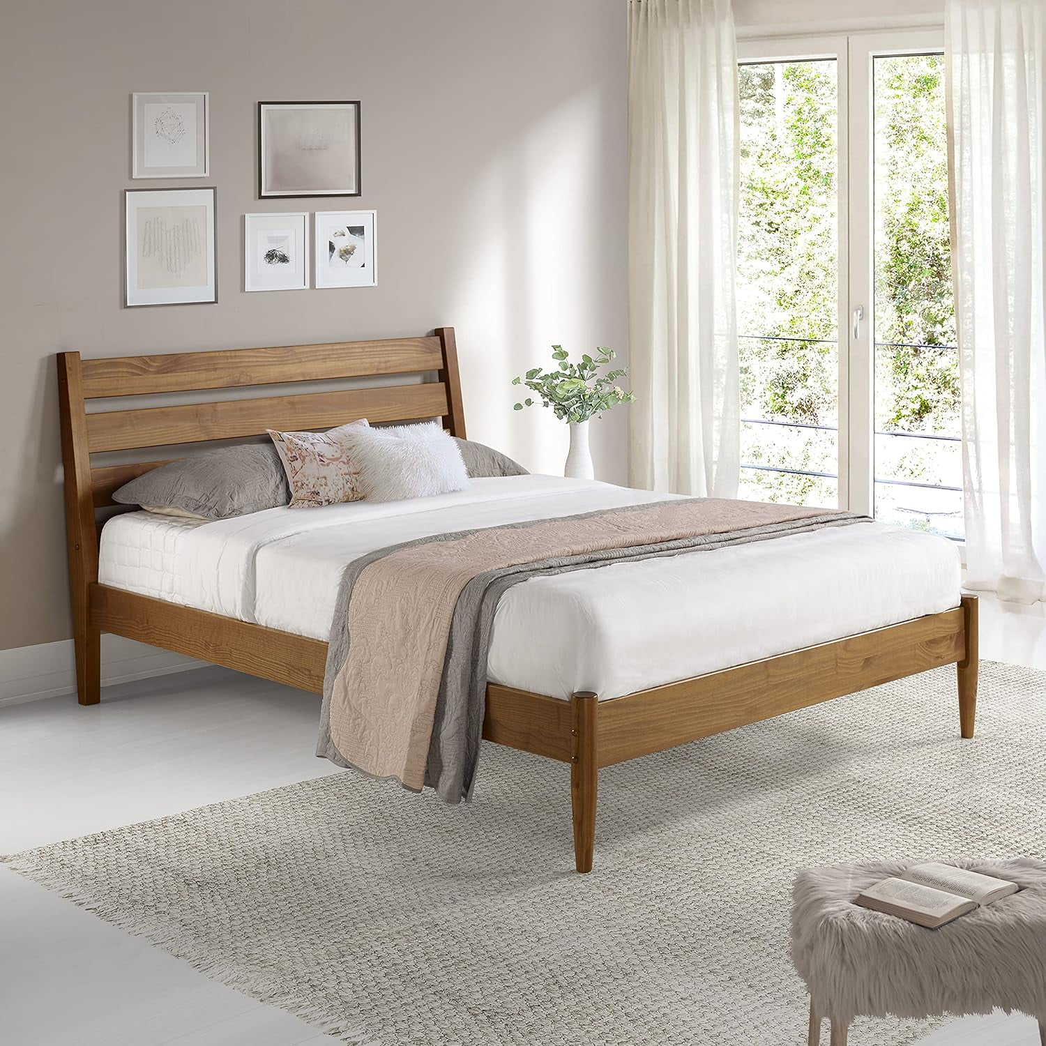 Camaflexi Mid Century Platform Bed Queen Size Solid Wood Bed Frame, Castanho 100% Solid Wood