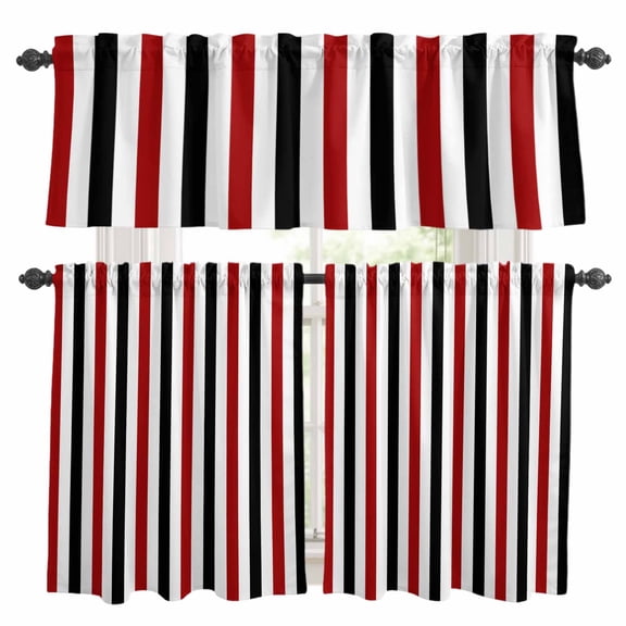 Red Black Stripe Kitchen Curtains Sets for Windows 24 Inch Length, Geometric White Vertical Striped Rod Pocket Window Treatments Tier Curtains and Valances Set for Bedroom/Bathroom