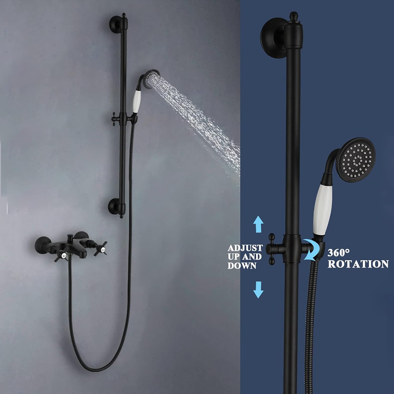 Industrial Bathtub Faucet with Handheld Shower Tub Filler Faucet Wall Mount Brass Tub Faucet 2 Handles 2 Holes Tub Mixer Tap with Liftable Shower Rod, Shower Hose,Chrome