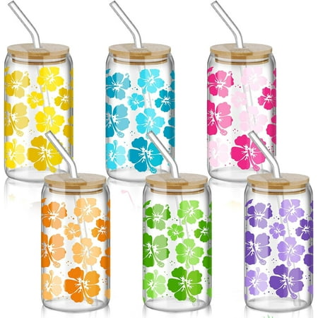 6 Pcs Hawaiian Luau Drinking Glass Cups Tropical Flamingo Palm Leaves Hibiscus Iced Coffee Cups with Lids and Straws for Summer Beach Hawaiia Luau Tiki Party(Hibiscus)