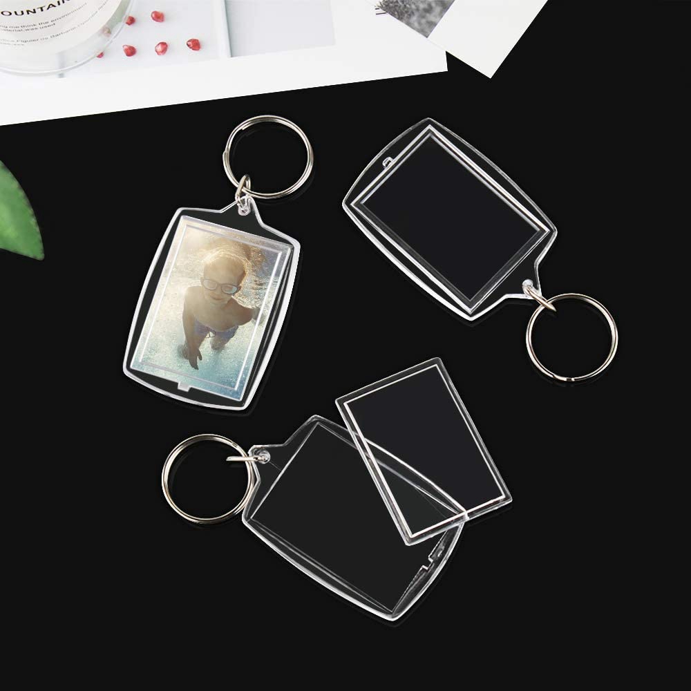100Pcs Photo Keychain Rectangle Transparent Blank Acrylic Insert Photo Picture Frame Keyring Key Holder DIY Split Ring