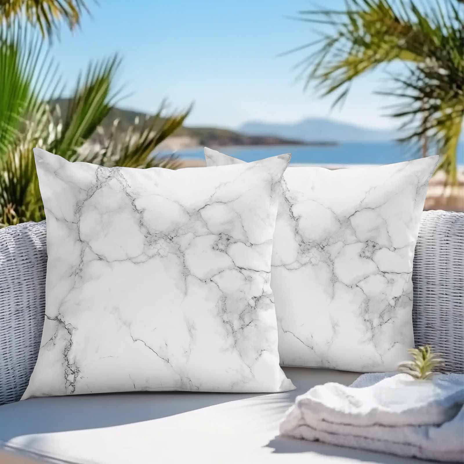 Outdoor Pillow Covers 18x18 Pack of 2, Simple White Black Marble Texture Decorative Pillow Cover Waterproof Pillowcase, Modern Abstract Art Farmhouse Cushion Covers for Garden Patio Sofa Couch Bench