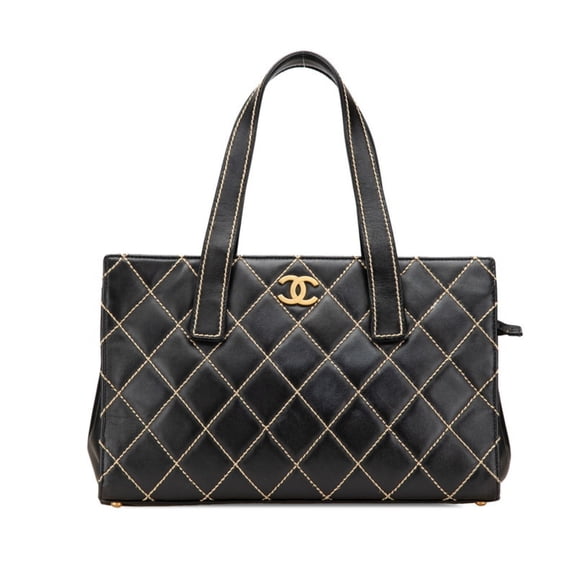 Pre-Owned CHANEL Coco Mark Wild Stitch Tote Bag in Black Lambskin for Women (Good)