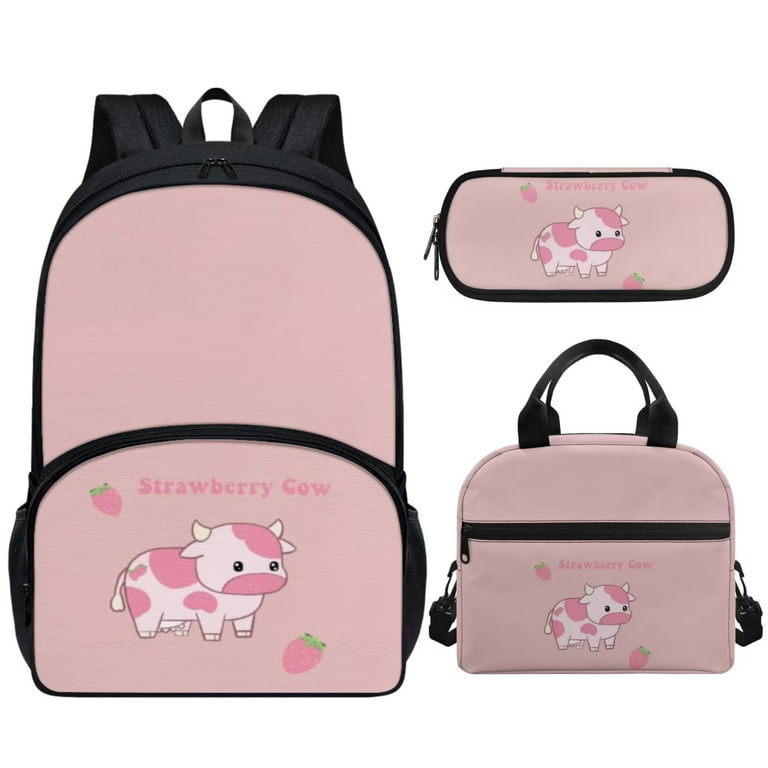 Pzuqiu Pink Strawberry Cow School Bag with Dinner Bag for Kids Backpack  Middle Primary Girls Bookbag for 4Th/5th Grade Students' Pencil Case +  Lunch