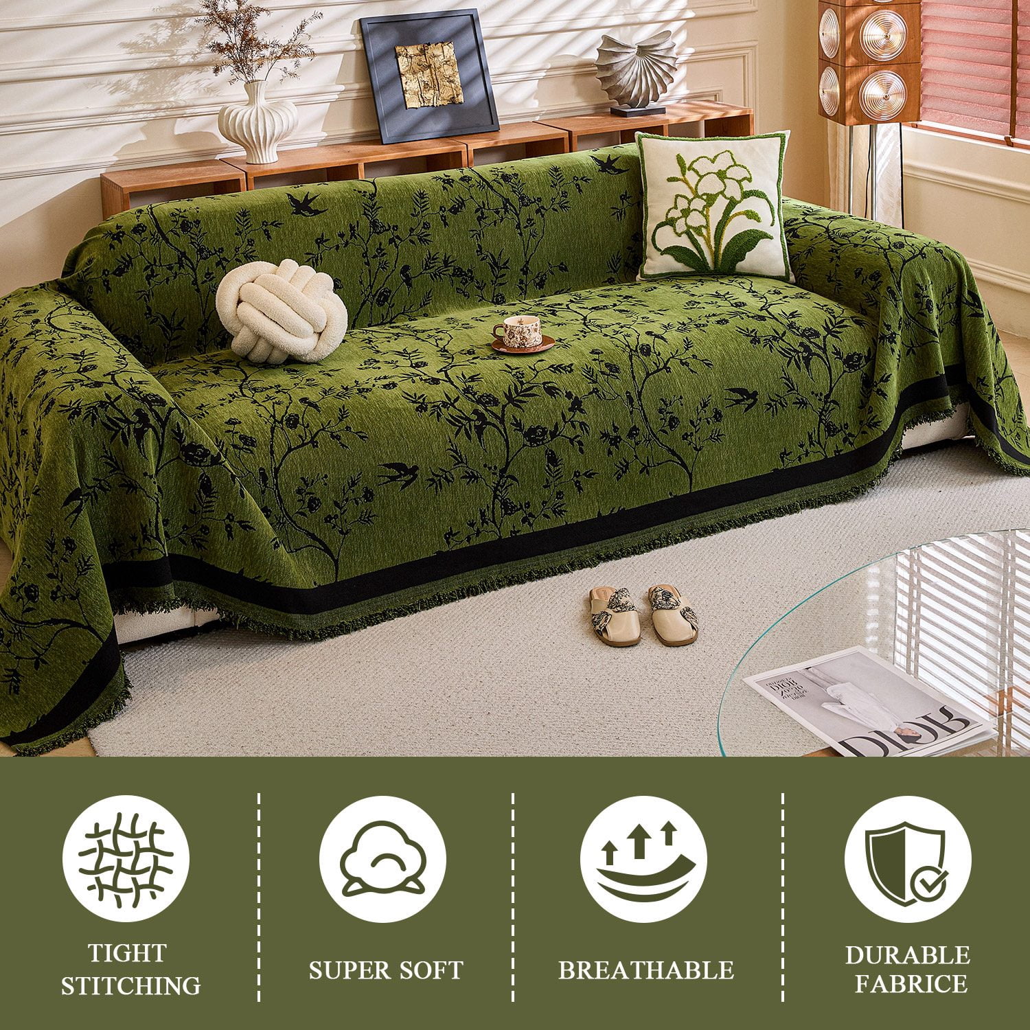 NAYOROOM Vintage Green Couch Cover,Chenille Sofa Cover Slipcover Sofa Towel Furniture Cover（71"x 118"）