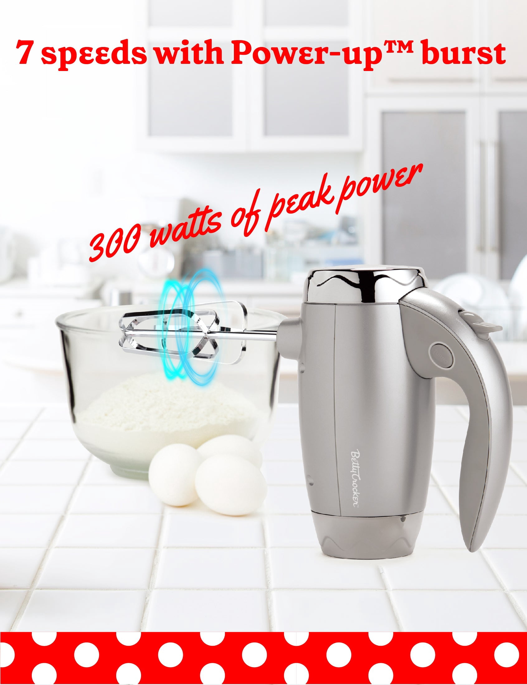 Betty Crocker 7-Speed Corded Electric Power Up Hand Mixer with Stand (Silver), BC-4208S
