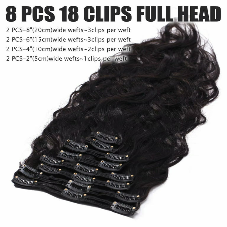 Benehair Clip In 100% Real Remy Human Hair Extensions Double Weft Thick  Full Head 18 20 Body Wave Wavy Curly Hair Black 