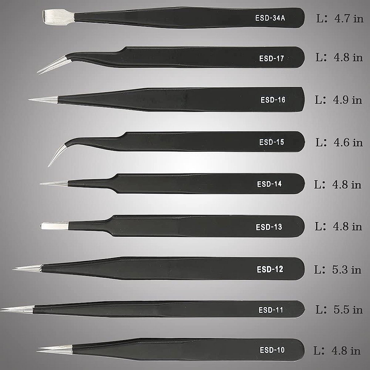 Precision Anti-Static Stainless Steel 9 in 1 Tweezers Kit Set For Electronics/Jewelry-Making/Laboratory Work/Hobbies