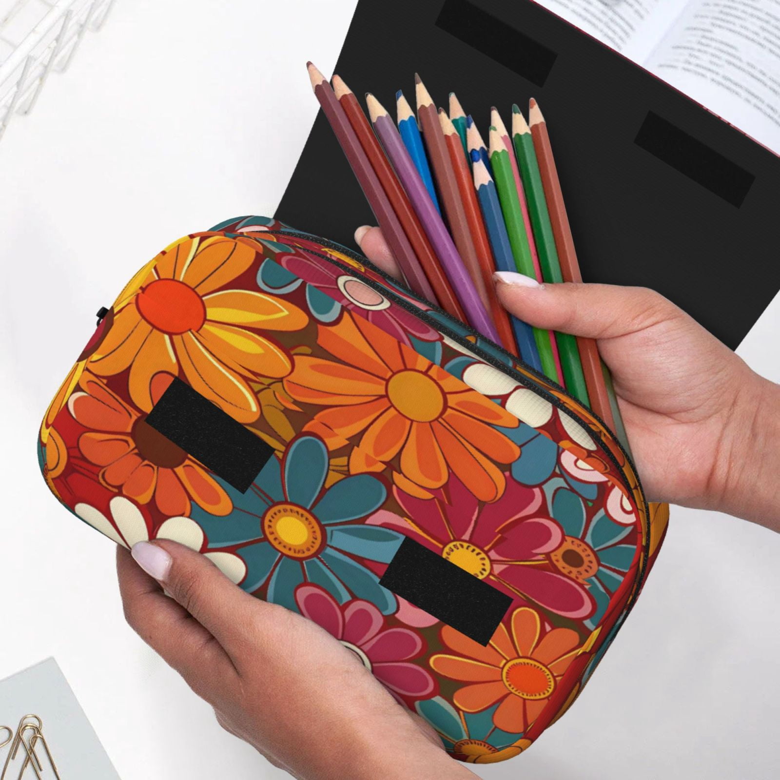 Large-Capacity Flip-Top Double-Layer Pencil Case, Multi-Functional Pocket Pen Case, Durable Stationery Organizer Groovy Flowers (10)