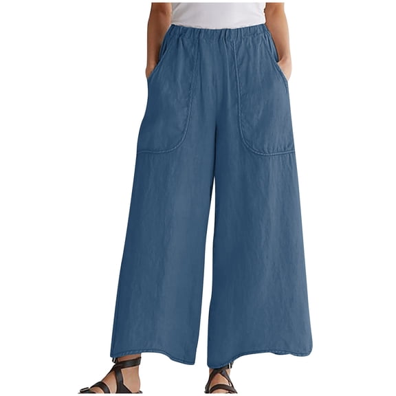 QUYUON Comfortable Pants for Women Ladies' Solid Color Elastic Waist Cotton and Linen Big Pocket Casual Pants Women Loose Pants Long Pant Leg Length Jegging Pant Style N-220 Blue 4XL