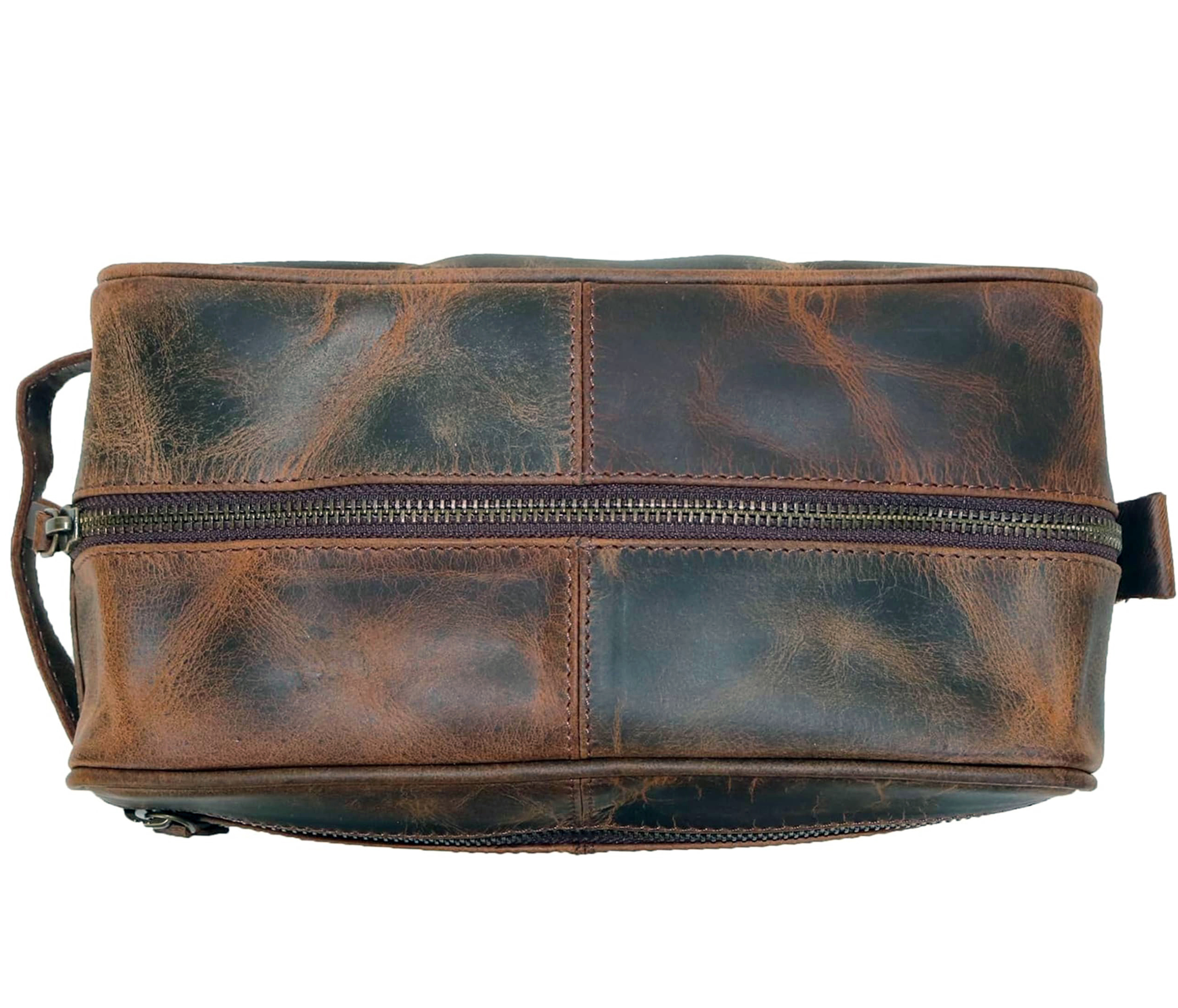 Jaald Leather Toiletry Bag Dopp Kit for Men & Women Travel Groomsmen Gift Makeup Organizer Zippered Cosmetic Pouch Toiletries Storage Case