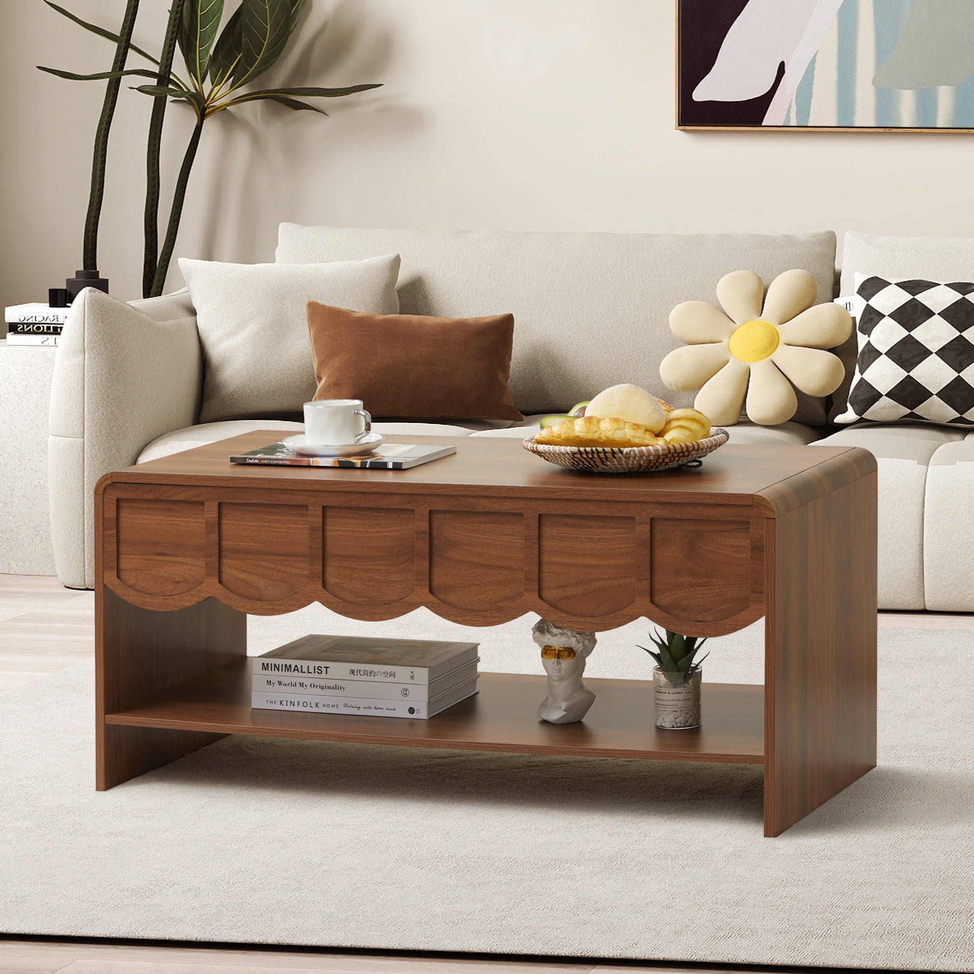 Wirrytor Lift Top Coffee Table with Storage for Living Room, Oval Coffee Table with Hidden Compartment and Open Shelf, Modern Center Table with Wave Edge Design and Hydraulic Lift