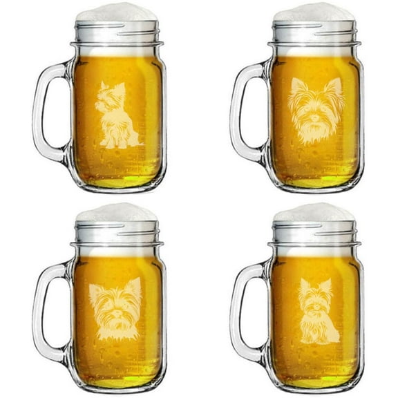 16oz Mason Jar Glass Mug w/Handle Gift Set of 4 Yorkie Yorkshire Terrier Collection