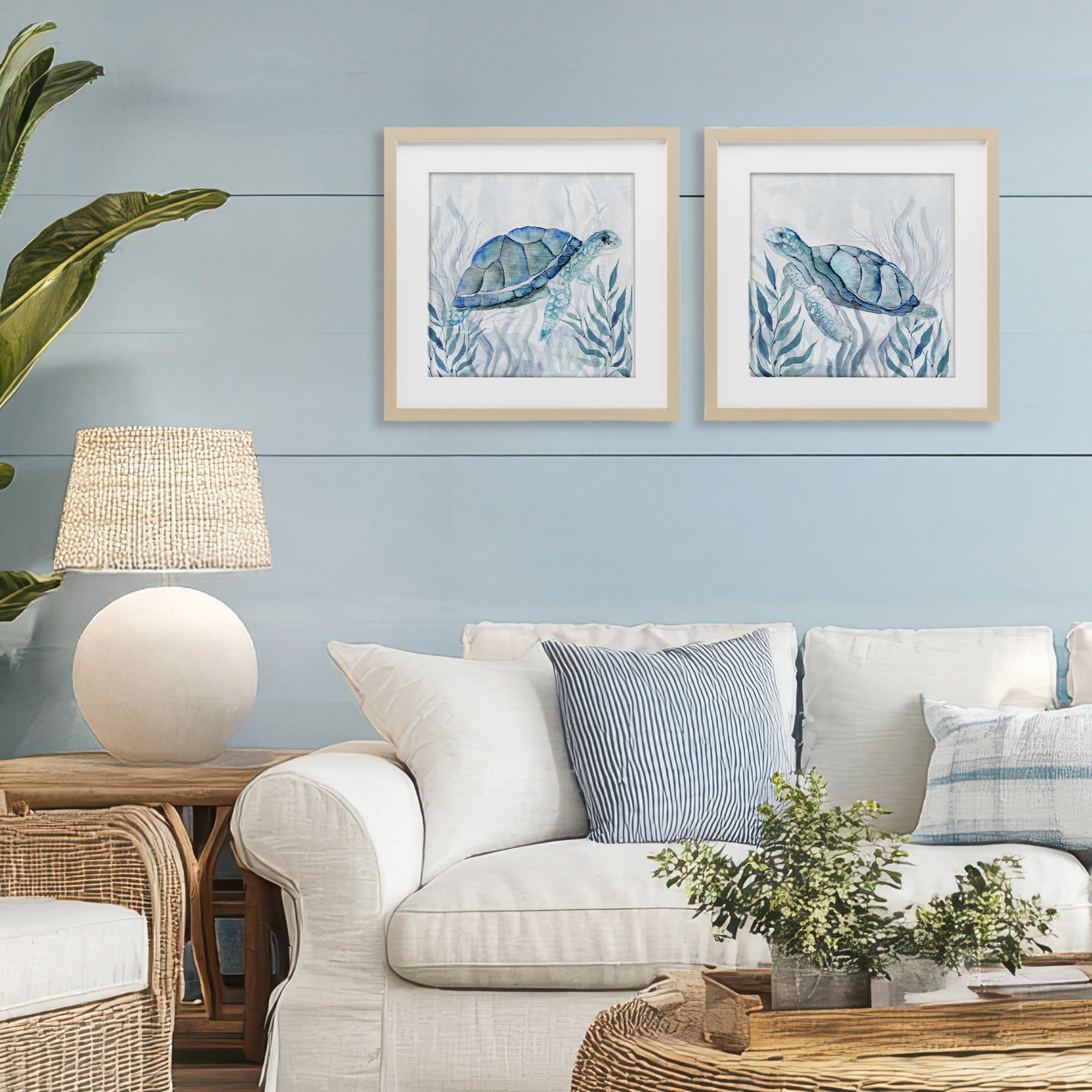 Stupell Industries Subtle Smiling Sea Turtles 2 Piece Birch Framed Print Under Glass Set, design by Janet Tava