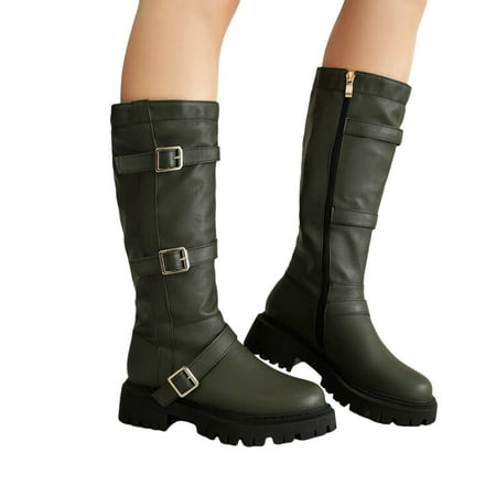 GHSOHS Cowboy Boots for Women Thigh High Boots Rain Boots British Solid Leather Belt Buckle Decoration Thick Heel Long Sleeve Knee Length Boots Comfort Rain Boots Dress Shoes Slouch Boots Size 38